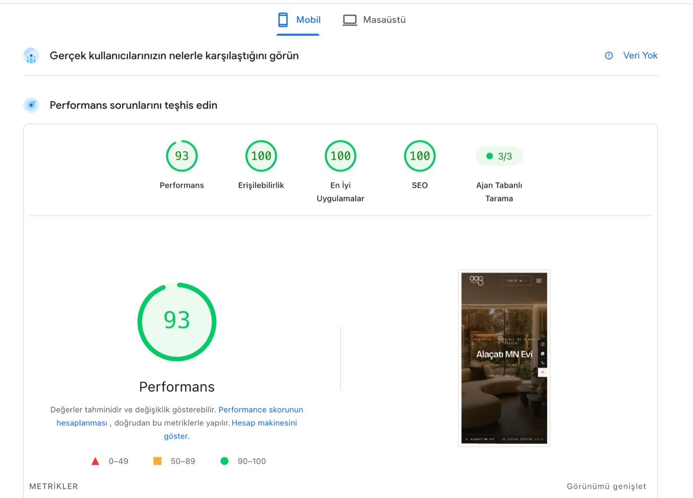 aaginteriorstudio.com PageSpeed performans skorları ve proje ekran görüntüsü