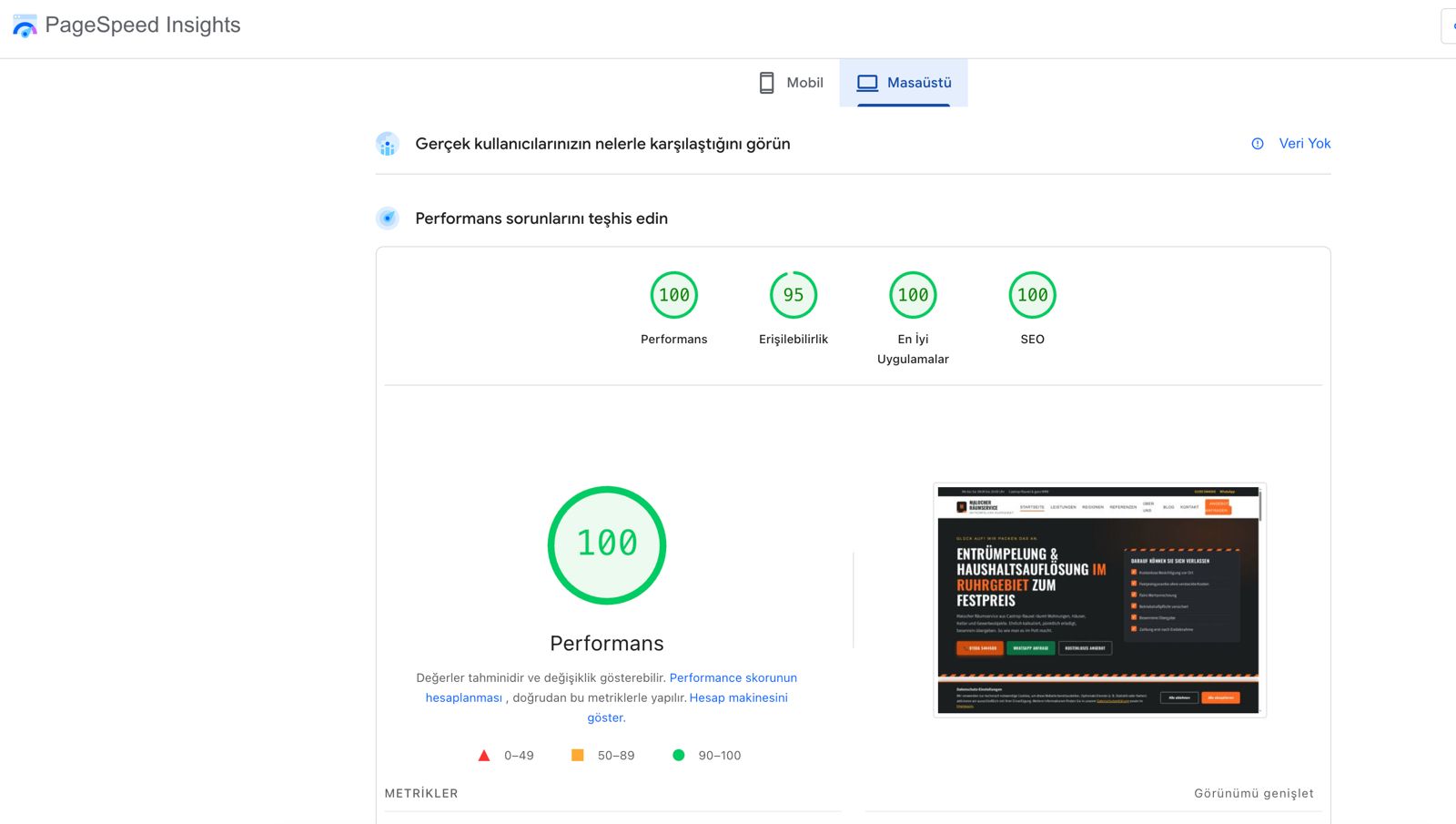 Malocher Räumservice masaüstü PageSpeed skoru: Performans 100, Erişilebilirlik 95, En İyi Uygulamalar 100, SEO 100